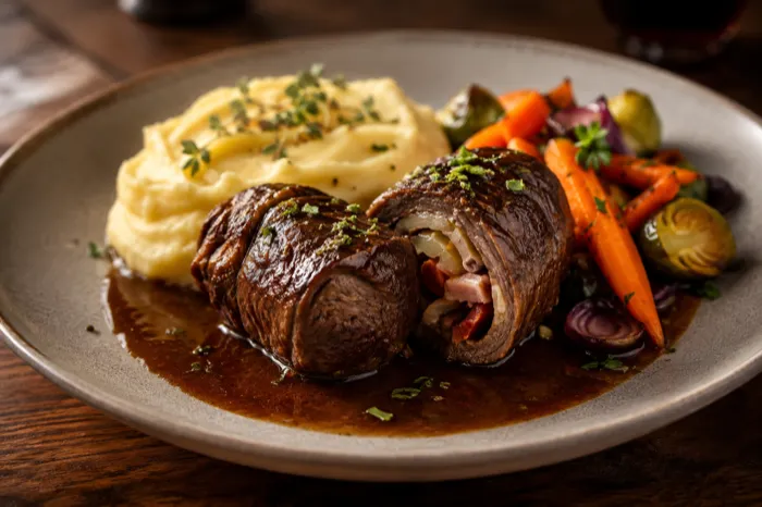 Geschmorte Rinderroulade mit Kartoffelpüree und saisonalem Gemüse, Beispielfoto